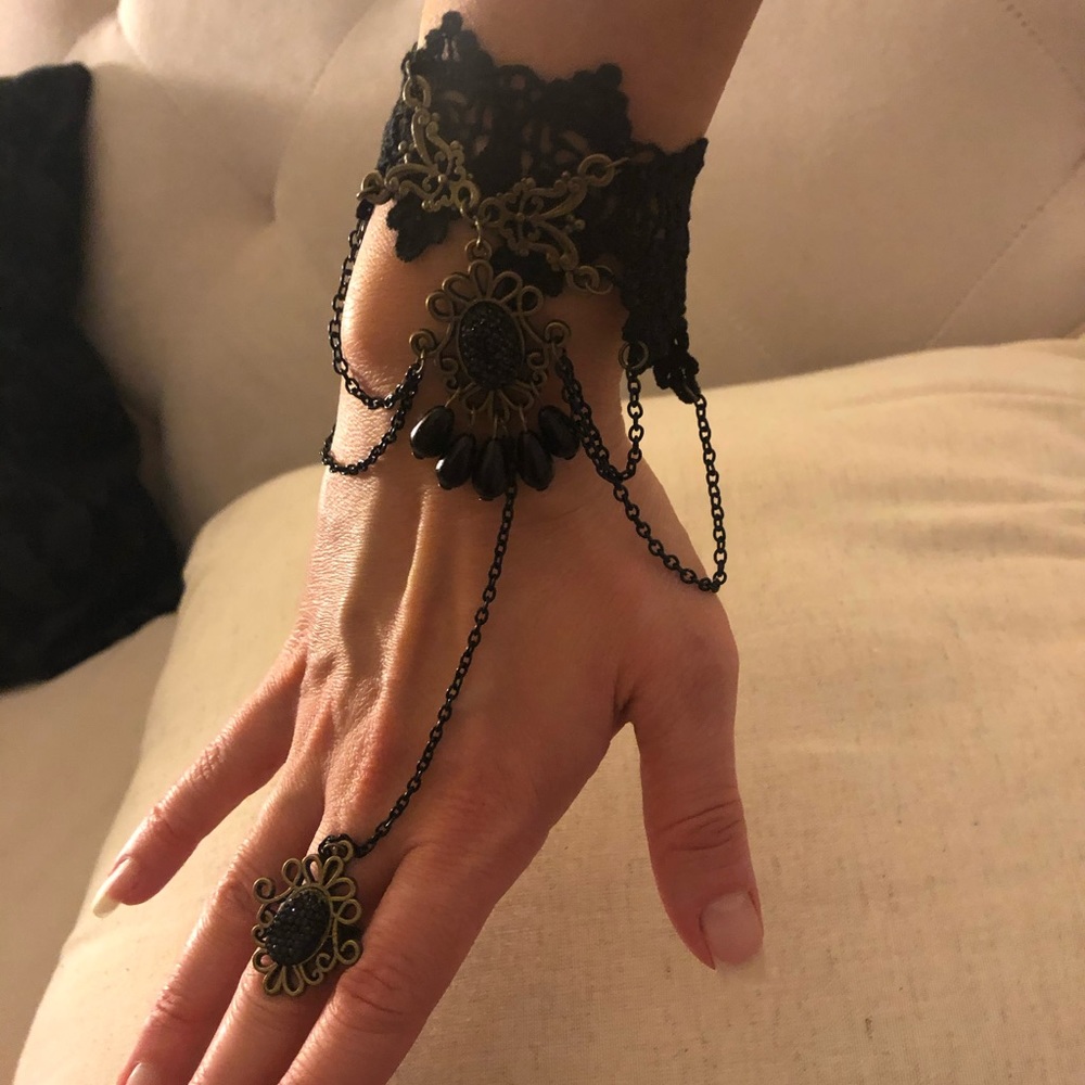 Gothic victorian black lace mittens bracelet w/ beads, metal accents, and ring
